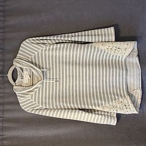 🌸French Laundry Mockneck Striped Lace Side Adjustable Sleeve Sweater,M
